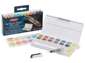 Akvareliniai dažų rinkinys Derwent Metallic 12x1/2 kubelių+teptukas su indeliu vandeniui plastikinė dėžutė