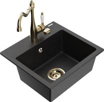 Mexen Milo granitinė vienos plautuvės kriauklė su virtuviniu maišytuvu Carla, juoda/sidabrinė metalo spalva - 6505-73-670700-50, 435x410x171 mm
