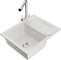 Mexen Enzo granitinė vienos plautuvės virtuvės plautuvė su nutekėjimu ir Duero maišytuvu, balta - 6506-20-671600-00, 576x465x174 mm