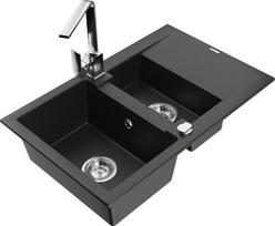 Mexen Gaspar granito plautuvė 1,5 skylių su lašintuvu ir virtuvės maišytuvu Rita, juoda/auksinė - 6507-75-670300-00, 737x475x177 mm