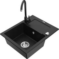 Mexen Enzo vienos kameros granitinė kriauklė su lataku ir virtuviniu maišytuvu Telma, juodas - 6506-77-670200-70, 576x465x174 mm
