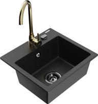 Mexen Milo granitinis virtuvės 1-kamerinis plautuvas su Telma maišytuvu, juodas/auksinis - 6505-75-670200-50-B, 435x410x171 mm