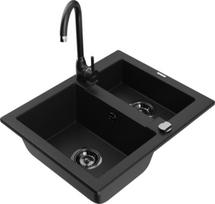 Mexen Carlos granitinė kriauklė 1,5 kamerų su virtuviniu maišytuvu Telma, juoda - 6518-77-670200-70-B, 582x475x177 mm