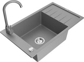 Mexen Elias granito plautuvė 1-dubens su nutekamu vandens indu ir virtuvės maišytuvu Telma, pilka - 6511-71-670200-71, 795x480x200 mm