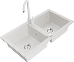 Mexen Mario granitinė dviejų skyrių plautuvė su virtuviniu maišytuvu Telma, balta - 6504-20-670200-20, 820x436x161 mm