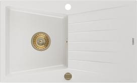 Mexen Cesar granito kriauklė 1 skyrelio su nutekėjimu 775 x 470 mm, balta, auksinis sifonas - 6514771010-20-G, 775 x 470 x 190 mm