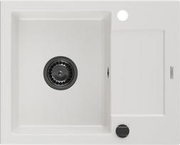 Mexen Enzo granitinė virtuvės kriauklė 1-dubeninė su lašintuvu 576 x 465 mm, balta, juodas sifonas - 6506571005-20-B, 576 x 465 x 174 mm
