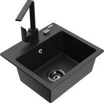 Mexen Milo vienos kameros granito kriauklė su virtuviniu maišytuvu Rita, juodas/auksinis metalikas - 6505-75-670300-70-B, 435x410x171 mm