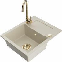 Mexen Enzo vieno dubens granito kriauklė su drenažo lenta ir virtuvės maišytuvu Telma, smėlio - 6506-69-670200-50, 576x465x174 mm