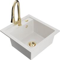 Granitinė virtuvinė plautuvė Mexen Vito su maišytuvu ir sifonu, White+Gold