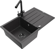 Mexen Bruno granito viengubas plautuvės su nutekamu įrankiu ir Duero virtuvės baterija, juodas taškuotas - 6513-76-671600-70-B, 795x495x200 mm