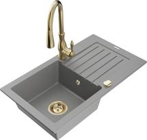 Mexen Pablo granitinė vienos kameros kriauklė su nutekėjimu ir virtuviniu maišytuvu Savita, pilka - 6510-71-672601-50, 752x436x161 mm
