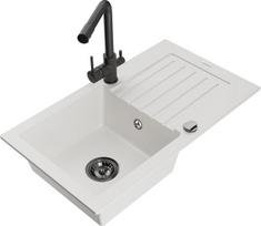 Mexen Pablo granitinis vienos kameros plautuvas su varveklu ir Duero virtuviniu maišytuvu, baltas - 6510-20-671600-70, 752 x 436 x 161 mm
