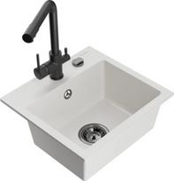 Mexen Milo granitinis 1-dubens plautuvė su virtuviniu maišytuvu Duero, baltas - 6505-20-671600-70, 435 x 410 x 171 mm