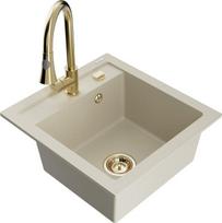 Granitinė virtuvinė plautuvė Mexen Vito su maišytuvu ir sifonu, Beige+Gold