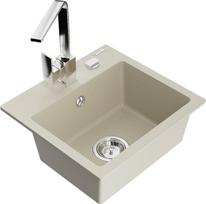 Mexen Milo granitinė vienos kameros plautuvė su virtuviniu maišytuvu Rita, smėlio spalvos - 6505-69-670300-00, 435x410x171 mm