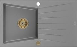 Mexen Cesar granito virtuvės kriauklė su vienu skyriumi ir nutekėjimu, 775 x 470 mm, pilka, auksinis sifonas - 6514771010-71-G, 775 x 470 x 190 mm