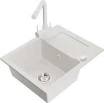 Mexen Enzo granitinė vienos plautuvės kriauklė su nubėgimo zona ir Duero virtuviniu maišytuvu, balta - 6506-20-671600-20, 576x465x174 mm