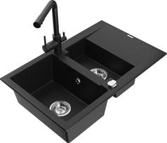 Mexen Gaspar granitinis plautuvės 1,5-duris su nusausinimo stalviršiu ir virtuviniu maišytuvu Duero, juodas - 6507-77-671600-70, 737x475x177 mm