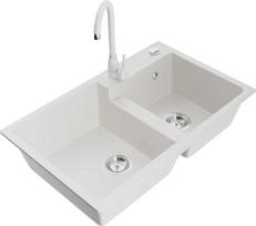 Mexen Tomas dviejų kamerų granito kriauklė su virtuvės maišytuvu Telma, balta - 6516-20-670200-20, 800x500x190 mm