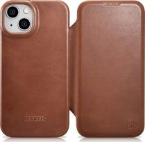 iCarer CE Oil Wax Premium Leather Folio dėklas iPhone 14 Plus , magnetinis atverčiamasis dėklas MagSafe , rudos spalvos (AKI14220707-BN)
