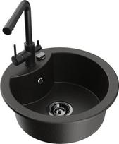 Mexen Diego vieno dubens granito virtuvės kriauklė su Duero maišytuvu, juoda/auksinis metalikas - 6512-75-671600-70-B, 488x488x167 mm