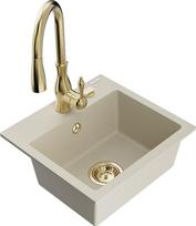 Granitinė virtuvinė plautuvė Mexen Milo su maišytuvu ir sifonu, Beige+Gold