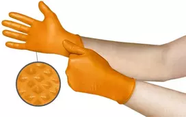 Vienkartinės nitrilinės pirštinės Ansell Microflex Mega Grip 93-256, 100vnt, 0,13mm storio, 275mm ilgio, XL dydis (9,5-10), tekstūruoti pirštai, ORANŽINĖS