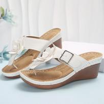 Women's Solid Color Thong Sandals, Floral Decor Platform Soft Sole Casual Slides, Vacation Summer Beach Wedge Slides 36 balta