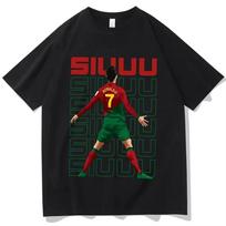 Stilingi juodi medvilniniai marškinėliai su ikonišku Cristiano Ronaldo Portugalijos rinktinės  Siuuu  šventės grafiniu spaudiniu Moterims ir Vyrams 4XL