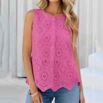 Women Sleeveless Button Down Lace Patchwork Casual Tank Top Eyelet Embroidered Blouse Scalloped Hem Loose Fit Shirt XL