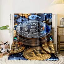 Metallic Bitcoin coins arranged in stacks with a faceted blue gem on top. for all seasons blanket lunch break throw gift 80cm x 120cm