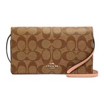 COACH Anna 20 Classic Presbyopia Flap Coated Canvas and Leather Clutch Shoulder Crossbody Bag Medium Women's Khaki and Blush Pink raudona