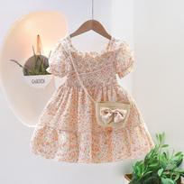 Baby Kids Summer Lovely Infant Ruffle Sleeve Girl Floral Casual Beach Dress Sundress Dresses + Woven Bag 6T oranžinė