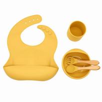 5 Pcs Baby Silicone Bib Cup Suction Bowl Spoon Fork Set Training Feeding Food Dinner Plate Dish Utensil Tableware Kit for Newborn Toddlers Infants raudona