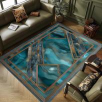Elegant Teal Marble Area Rug – Gold Geometric Border Print Carpet Decorative Washable Floor Mat for Sophisticated Home & Office 40cm x 60cm
