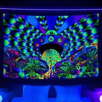 Tapestry dark night alien psychedelic mushroom 75x100 juoda