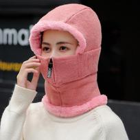 Zipper Knitted Scarf Hat Thickened Knitted Balaclava Cap Fashion Hooded Thermal Cap  School rožinė