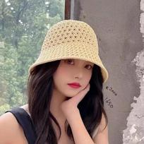 Korean Wide Sun Hat Brim Floppy Summer Hats for Women Beach Panama Straw Dome Weave Bucket Hats Hollow Female Knitted Cap smėlis