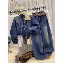 2025 Winter Women's Retro Hong Kong Style Fur Collar Denim Jacket & Wide Leg Pants Set S