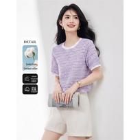 XinFeiYu Chic Striped Short Sleeve T-Shirt L taro purpurinė spalva