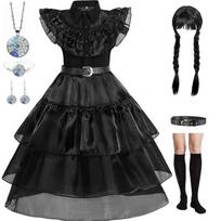 Gothic Wednesday Addams Dress Costume Set with Wig & Jewelry, Black, Ages 7-8, 150cm 150cm juoda