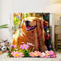 Bright flowers and lush greenery surround a golden furry object. for all seasons blanket lunch break throw gift 80cm x 120cm