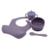 4 Pcs Baby Silicone Bibs Sucker Bowl Spoon Straw Cup Set Training Feeding Food Utensil Dishes Tableware Kit for Newborn  Purple