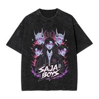 Saja Boys Kpop Demon Hunters Graphic Print T-shirt Men Women Harajuku Vintage Washed Loose Casual Oversized Cotton Short Sleeve Summer New Tee L