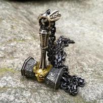 Vintage Viking Gold Skull Hammer Pendant Necklace Talisman Punk Nordic Style Jewelry