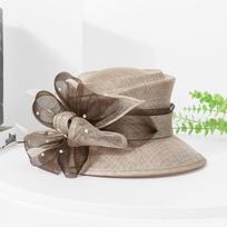 Elegantiška teismo lininė sinamajinė vestuvinė skrybėlė moterims, ponios bažnytinė skrybėlė, elegantiška platus kraštas su gėlėmis fedora, Kentukio Derby vakarėlio skrybėlė 55-57CM