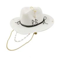 Black straw hat pearl chain DIY flat top sun hat new Korean elastic ribbon hat beach hat candy color sun hat 56-58cm