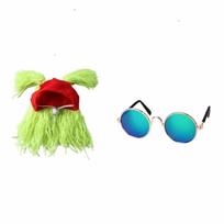 Wig Cap Pet Leaky Ear Cap Rock Roll Style Funny Cat Hat Cat Sunglasses  Party Costume žalia