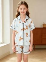 Girls Teddy Bear Pajama Set, Short Sleeve Button Down Top & Shorts, Cute Bow Stripe Print Loungewear for 8-12 Years 8Y mėlyna